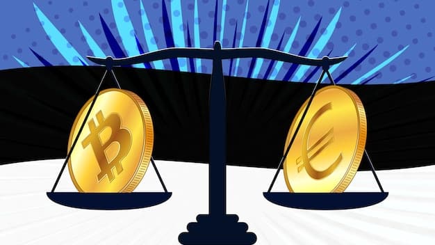 A scale balancing a cryptocurrency coin on one side and a stack of legal documents on the other, symbolizing the balancing act cryptocurrency exchanges must perform to stay compliant.
