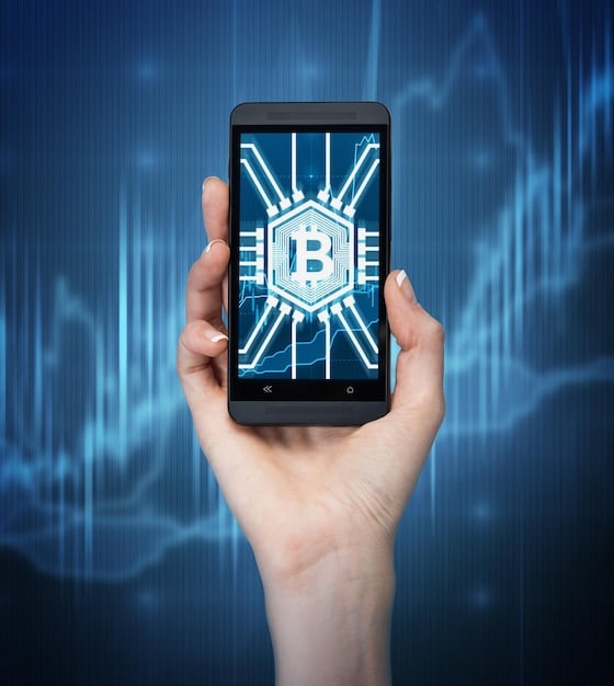 An abstract image depicting a smartphone displaying a crypto wallet app, with a subtle overlay of a shield and lock icons to represent security measures. The background should be blurred, suggesting a sense of mobility and convenience.