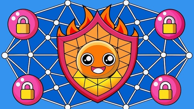An illustration depicting a shield with a padlock symbol inside, representing digital security, surrounded by various cryptocurrency logos and blockchain icons. The background features a grid of interconnected nodes, symbolizing the decentralized nature of cryptocurrency networks and the importance of security measures.