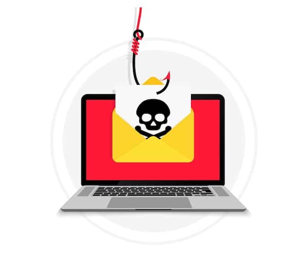 An illustration of a phishing email scam on a laptop screen, highlighting red flags such as suspicious sender addresses, urgent requests, and grammatical errors, demonstrating how crypto ransomware often starts with phishing attacks.