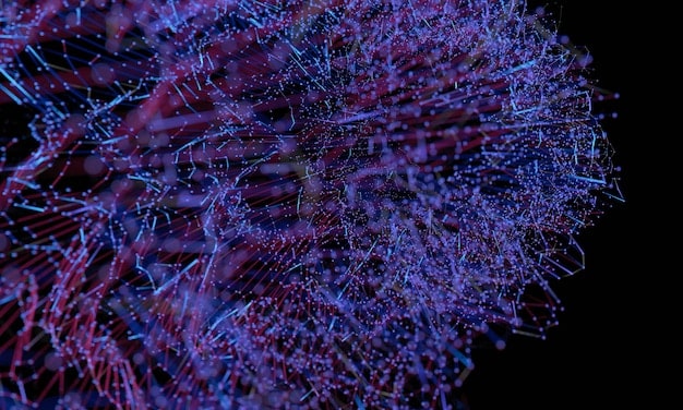 An AI neural network with data streams flowing through it, highlighting the use of artificial intelligence in detecting and preventing cyber threats to cryptocurrency networks.
