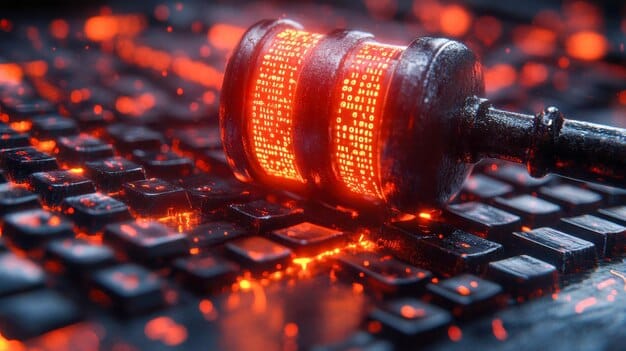 A gavel striking a sound block with binary code in the background, symbolizing the intersection of law and cryptocurrency regulation, particularly in the context of crypto mixing services.