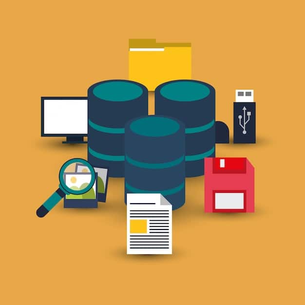 An illustration depicting various storage containers (representing data storage methods) neatly organized, with a magnifying glass hovering over them, symbolizing the search for the most efficient data storage solution.