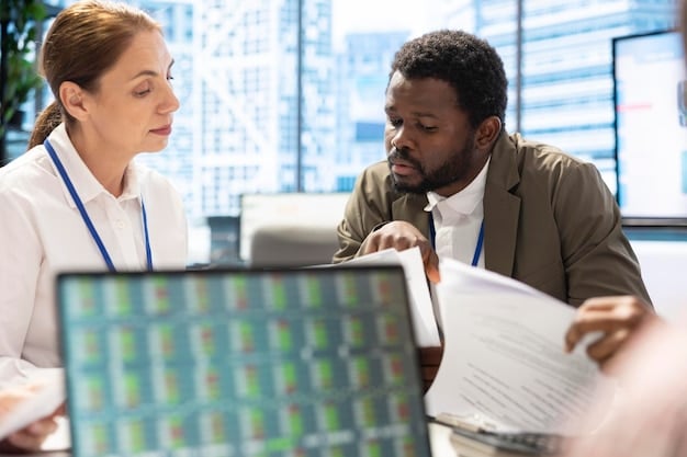 Diverse group of cybersecurity professionals in an auditing firm discussing a smart contract audit report. The scene shows collaboration, data analysis, and detailed discussions with annotations on the report.