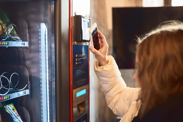 A visual representation of a smart contract as a digital vending machine, dispensing various digital assets like cryptocurrencies, NFTs, and data tokens. The machine is labeled with 