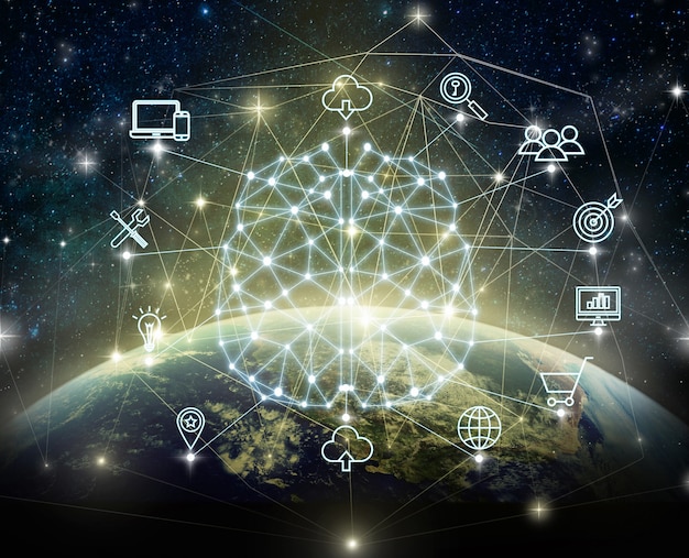 A visual representation of the Cosmos network, showcasing different blockchains communicating through the Inter-Blockchain Communication (IBC) protocol, emphasizing its interoperability capabilities.