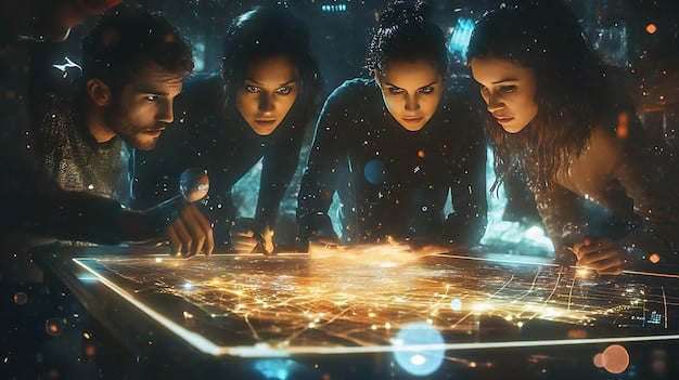 A diverse group of people collaborating around a holographic display showcasing a blockchain network and Web3 applications, symbolizing inclusivity and digital equity in the US digital strategy.