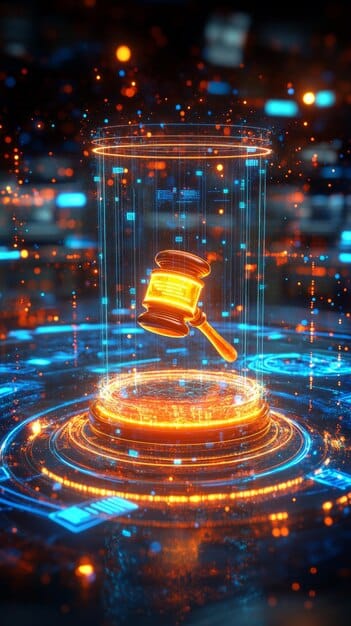 A gavel striking down on a stack of blockchain ledgers, symbolizing the regulatory framework being developed around Web3 technologies and digital assets as part of the US digital strategy.