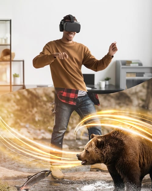 A user wearing a VR headset fully immersed in a Metaverse environment, interacting with digital objects using hand gestures. The scene captures the sense of presence and engagement that the Metaverse offers, showcasing diverse applications such as gaming, virtual meetings, and educational simulations.