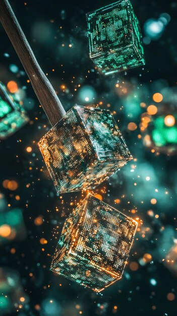A digital collage featuring various Web3 technologies like blockchain, NFTs, and decentralized platforms, overlaid with iconic American musical instruments and artwork, symbolizing the intersection of Web3 and the US creative landscape.
