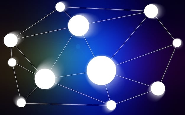 A graphical representation of a blockchain network with interconnected nodes, symbolizing the decentralized nature of Web3. Each node glows with activity, representing the various transactions and interactions within the network.