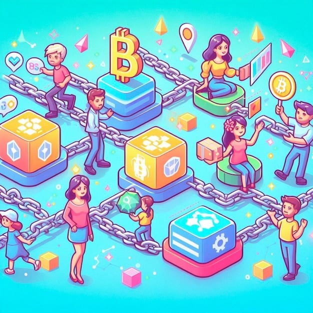 An illustration depicting a blockchain as a chain of interconnected blocks, each containing data related to a supply chain transaction. The image emphasizes the decentralized and transparent nature of the technology.