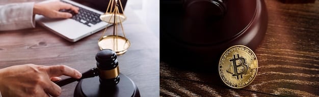A close-up photo of a gavel resting on a stack of legal documents with altcoin logos faintly visible in the background, emphasizing the legislative and legal processes affecting cryptocurrencies.