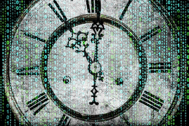 A stylized clock face with cryptographic symbols instead of numbers, representing the unreliable nature of timestamps in the blockchain environment. The clock hands are blurred, indicating the potential for manipulation.
