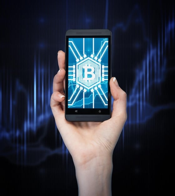 A close-up shot of a hand holding a smartphone displaying a crypto portfolio tracker app, showing various altcoins and their price fluctuations within the US regulatory context.