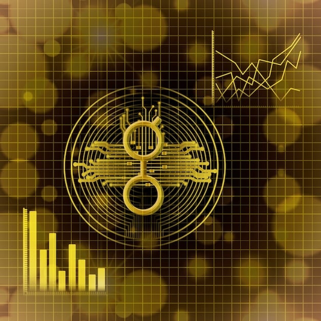 A digital interface showing a graph of fluctuating interest rates on an altcoin lending platform, with various altcoin logos and data charts surrounding it.
