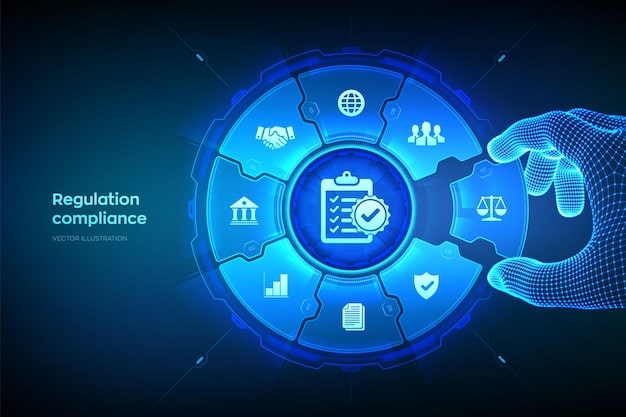 A graphic symbolizing regulatory compliance with icons representing various legal and industry standards around a smart contract diagram. The design emphasizes transparency and adherence to rules.