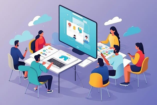 An isometric illustration of a diverse group of people collaborating around a large computer screen displaying lines of code. The image emphasizes teamwork, decentralization, and the global nature of DAOs.