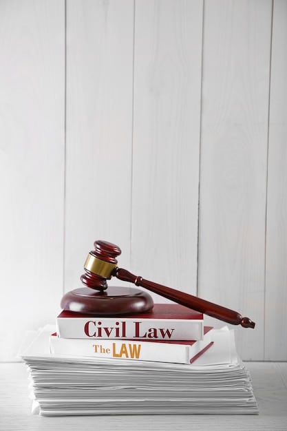A close-up photo of a gavel resting on a stack of law books, with a blurred background of the US Capitol building. The image conveys the authority and complexity of the US legal system in relation to digital assets and DAOs.