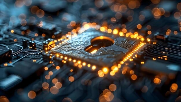 A close-up shot of a microchip with circuitry resembling a network of interconnected nodes, symbolizing the technological infrastructure behind various altcoins and their potential for innovation.