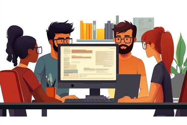 Three people auditing code on a computer.