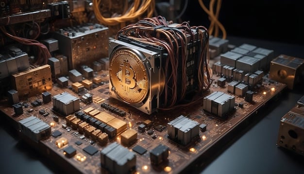 A side-by-side comparison of different cryptocurrency mining hardware, highlighting their power consumption and hashrate specifications. Include examples of ASICs, GPUs, and CPUs, showcasing their relative efficiencies.
