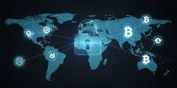 Digital padlock over blockchain network securing US crypto wallets