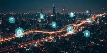 Futuristic cityscape with data streams connecting blockchain nodes for dynamic smart contracts.