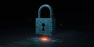 Futuristic padlock securing smart contract code