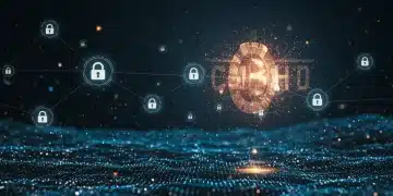 Quantum computing affecting blockchain security, with glowing data streams and cryptographic symbols