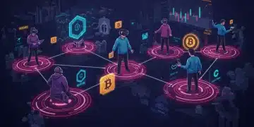 Futuristic web3 gaming guild network with interconnected players and financial symbols