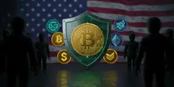 Digital shield protecting cryptocurrency symbols from cyber threats, representing robust crypto security.