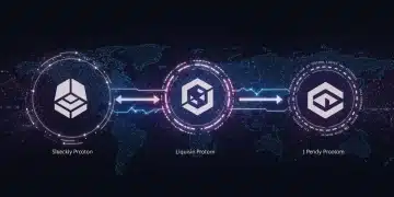 Illustration of new liquid staking protocols in DeFi, showing interconnected blockchain and crypto assets.