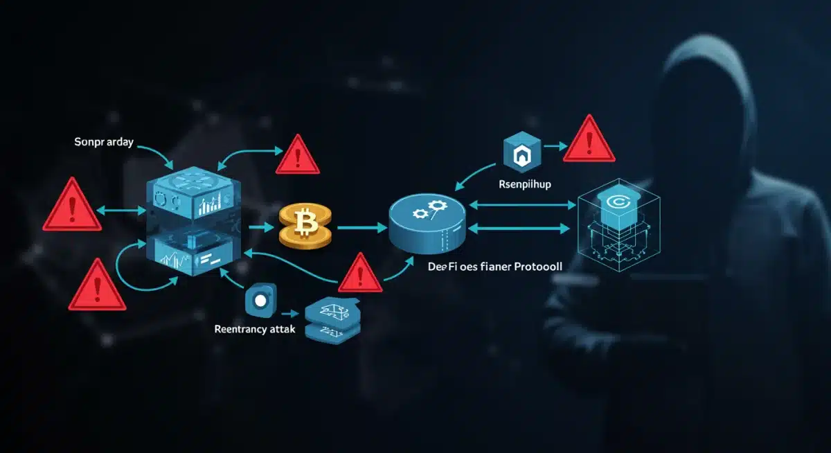 Diagram of DeFi protocol with warning signs for reentrancy attack vulnerabilities, illustrating security risks.