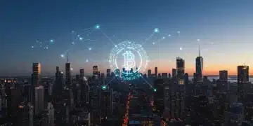 Futuristic city with blockchain networks and cryptocurrency symbols, symbolizing institutional crypto integration.