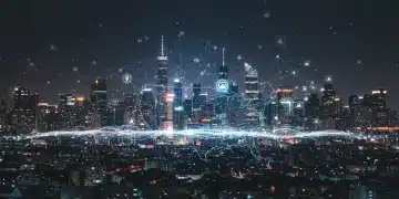 Smart Contract Platforms: Scalability for US Enterprises 2025 Futuristic cityscape with data networks symbolizing advanced smart contract scalability for U.S. enterprises