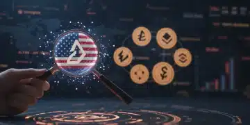 Magnifying glass over glowing altcoin logos on a digital blockchain network, symbolizing discovery of under-the-radar altcoins.