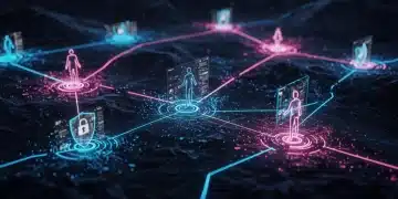 Futuristic metaverse landscape with secure digital interactions and protected avatars