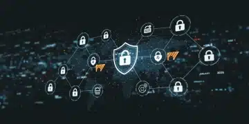 Digital shield protecting an intricate network of smart contracts, symbolizing robust security measures for blockchain technology.