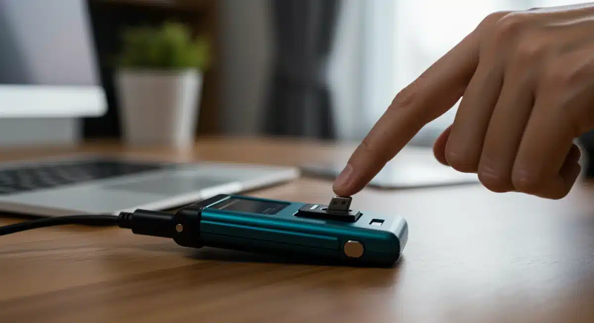Close-up of a hand using a hardware wallet, demonstrating physical security for cryptocurrency.