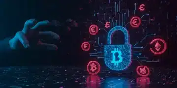 Digital lock protecting cryptocurrencies from a shadowy phishing threat in 2026