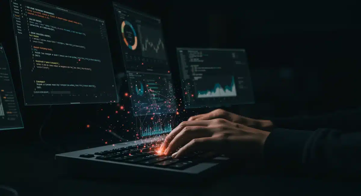 Developer coding and auditing smart contracts with security tools on multiple screens.