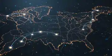 Futuristic roadmap showing EVM compatible smart contract scaling in U.S. blockchain