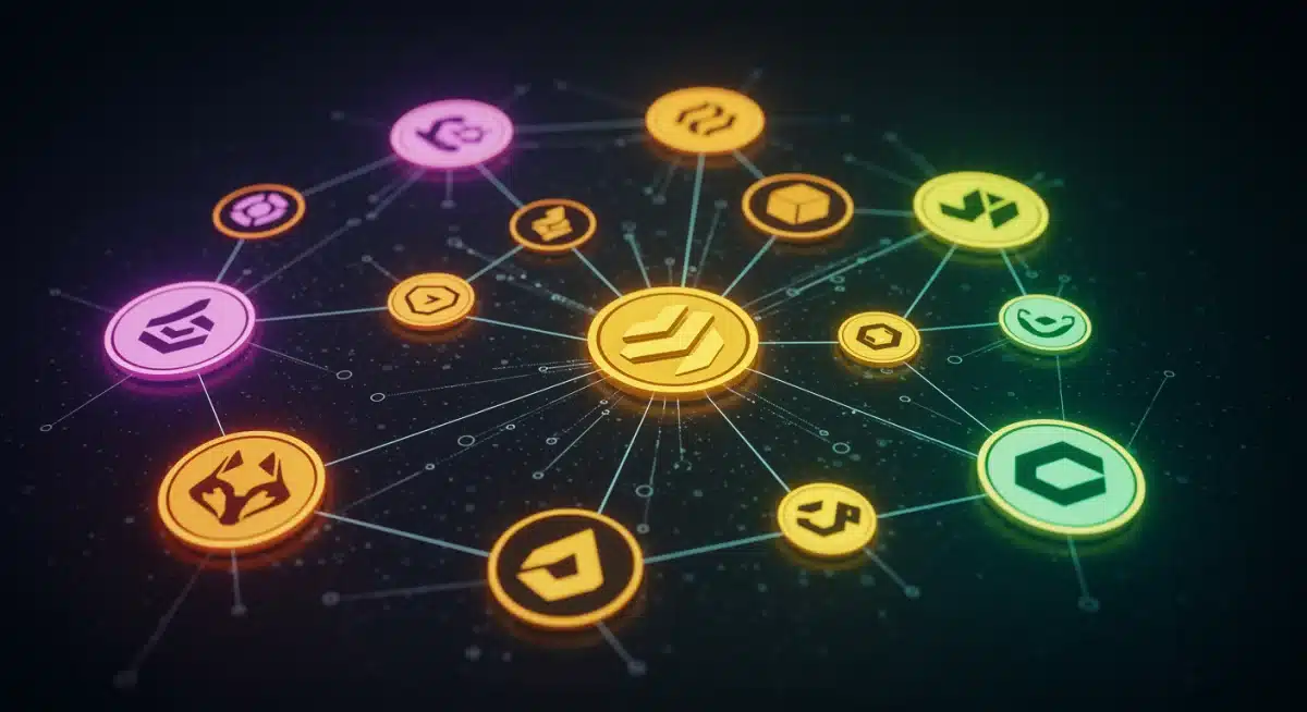 Illustration of interconnected altcoin logos in a decentralized network, showcasing diverse staking opportunities.