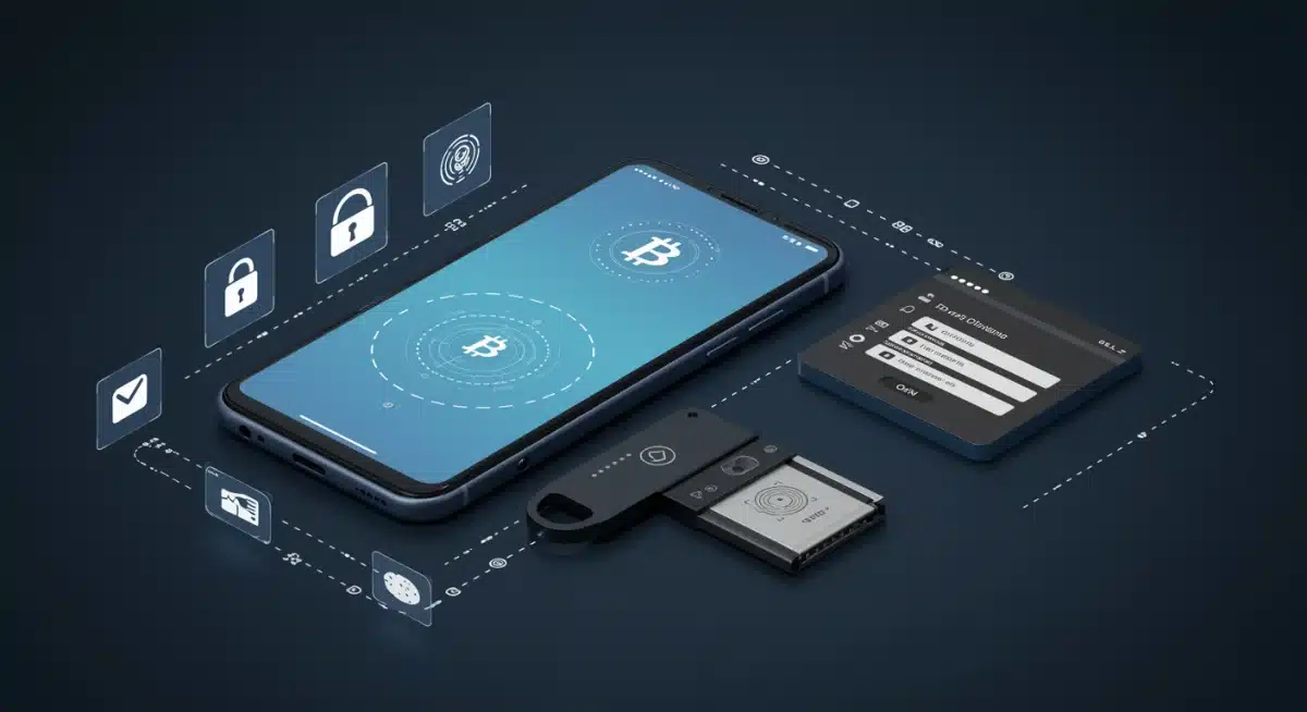 Multi-factor authentication protecting crypto accounts, depicting a hardware key and smartphone.