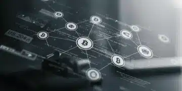 Digital representation of smart contracts interacting with SEC regulatory documents, symbolizing compliance challenges for Q1 2025.