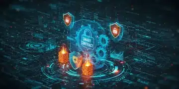 Secure smart contract with digital shields in a futuristic blockchain network for U.S. developers.