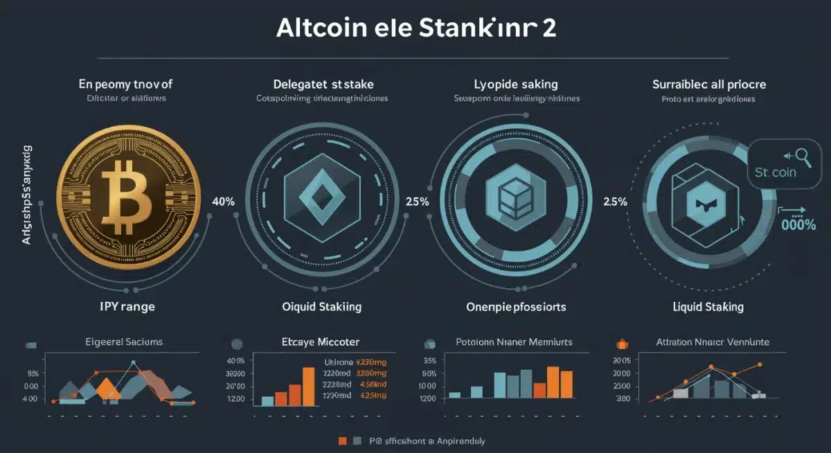 Infographic detailing various altcoin staking mechanisms and their associated APY and risks