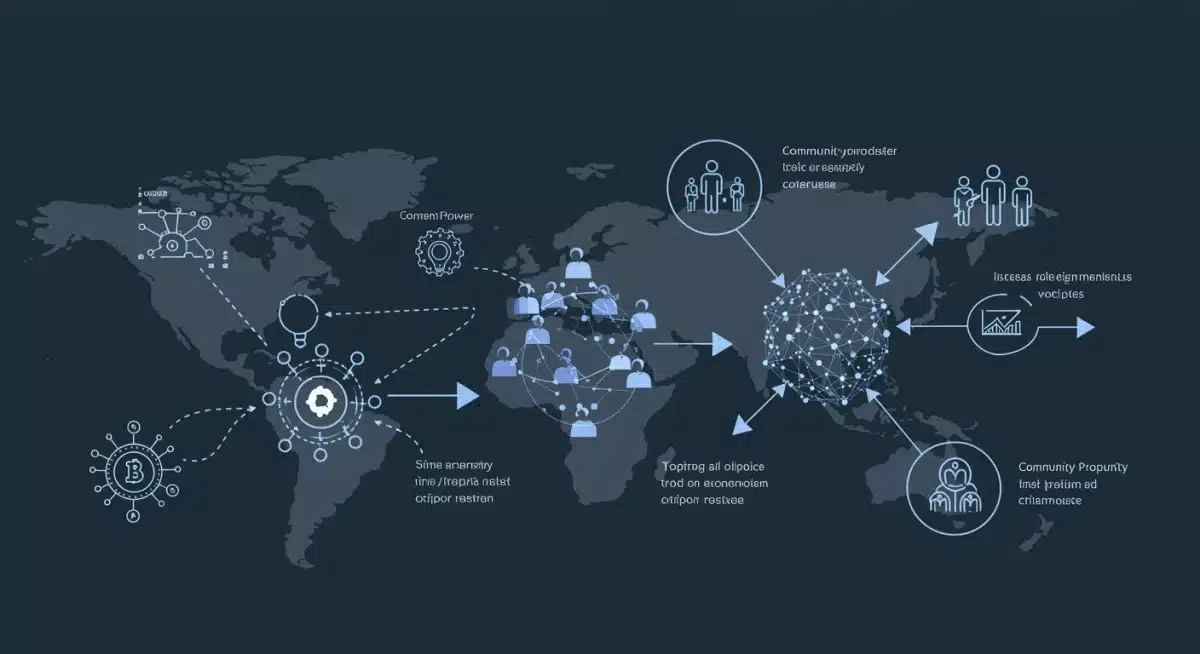 Infographic illustrating decentralized governance with interconnected nodes and community voting.