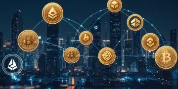Futuristic cityscape with glowing cryptocurrency logos representing stable altcoin investments.